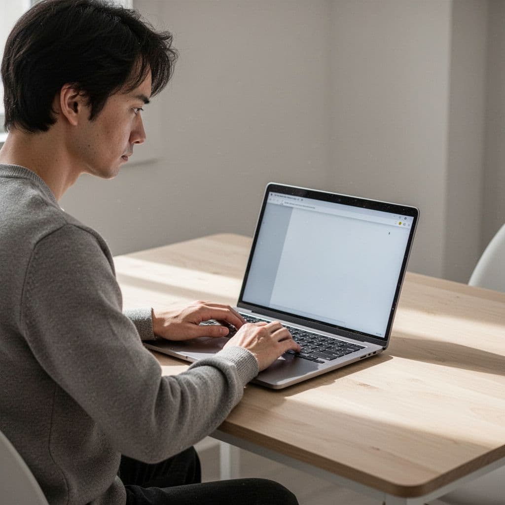 A person sits at a clean desk using a laptop thoughtfully under soft indoor lighting.