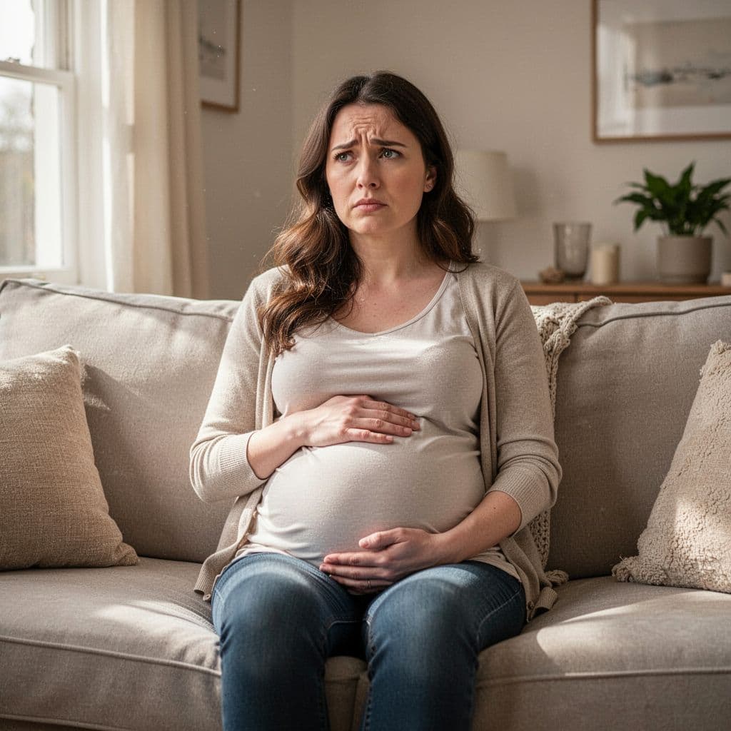 Pregnant woman sits on sofa in bright living room, looking thoughtful with soft window light.
