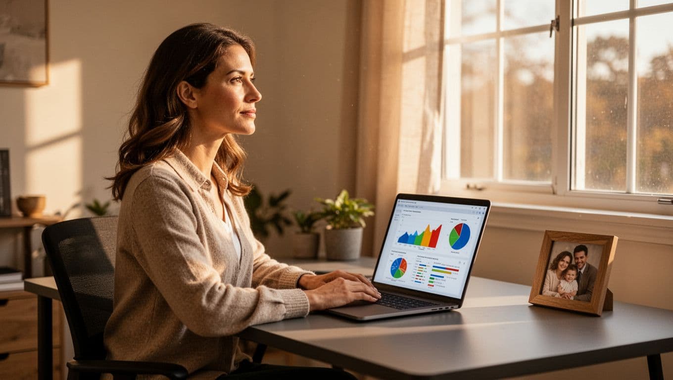 Confident woman in her 30s sits at modern home office desk with laptop showing career charts and family photo nearby, gazing at horizon.