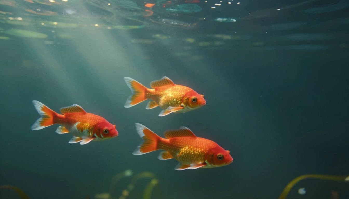 Three vibrant tropical fish with distinct yellow, orange, and blue patterns swim side-by-side through crystal clear water. Soft sunlight beams penetrate the surface, illuminating lush green aquatic plants in the background.