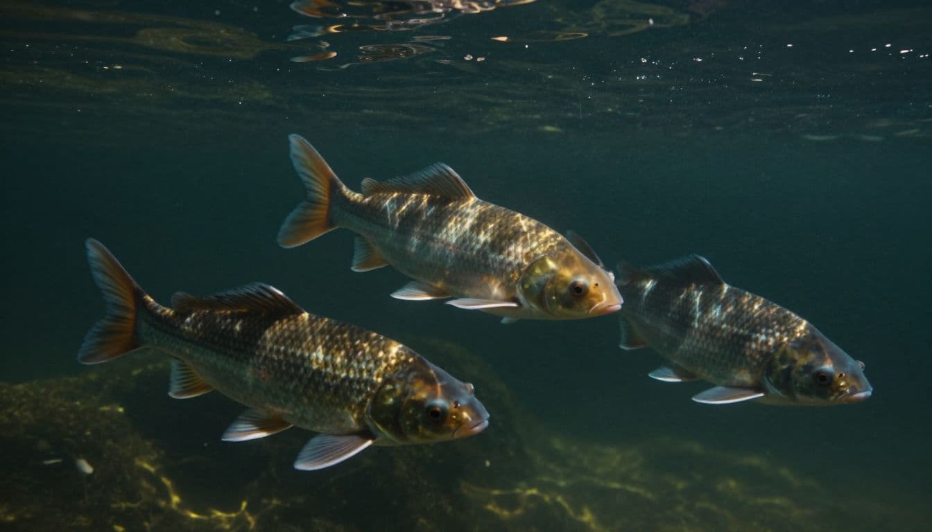 Three colorful fish glide through crystal clear water beneath shimmering ripples. Sunlight pierces the depths, illuminating their scales as they cluster together in a tight formation near the mossy pond floor.
