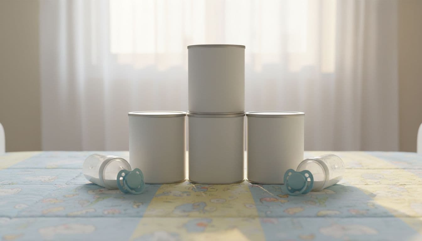 Three cans of popular gentle baby formulas neatly arranged on a soft pastel blanket in a bright nursery, surrounded by a baby bottle and pacifier, with warm sunlight filtering through the window in photorealistic style.