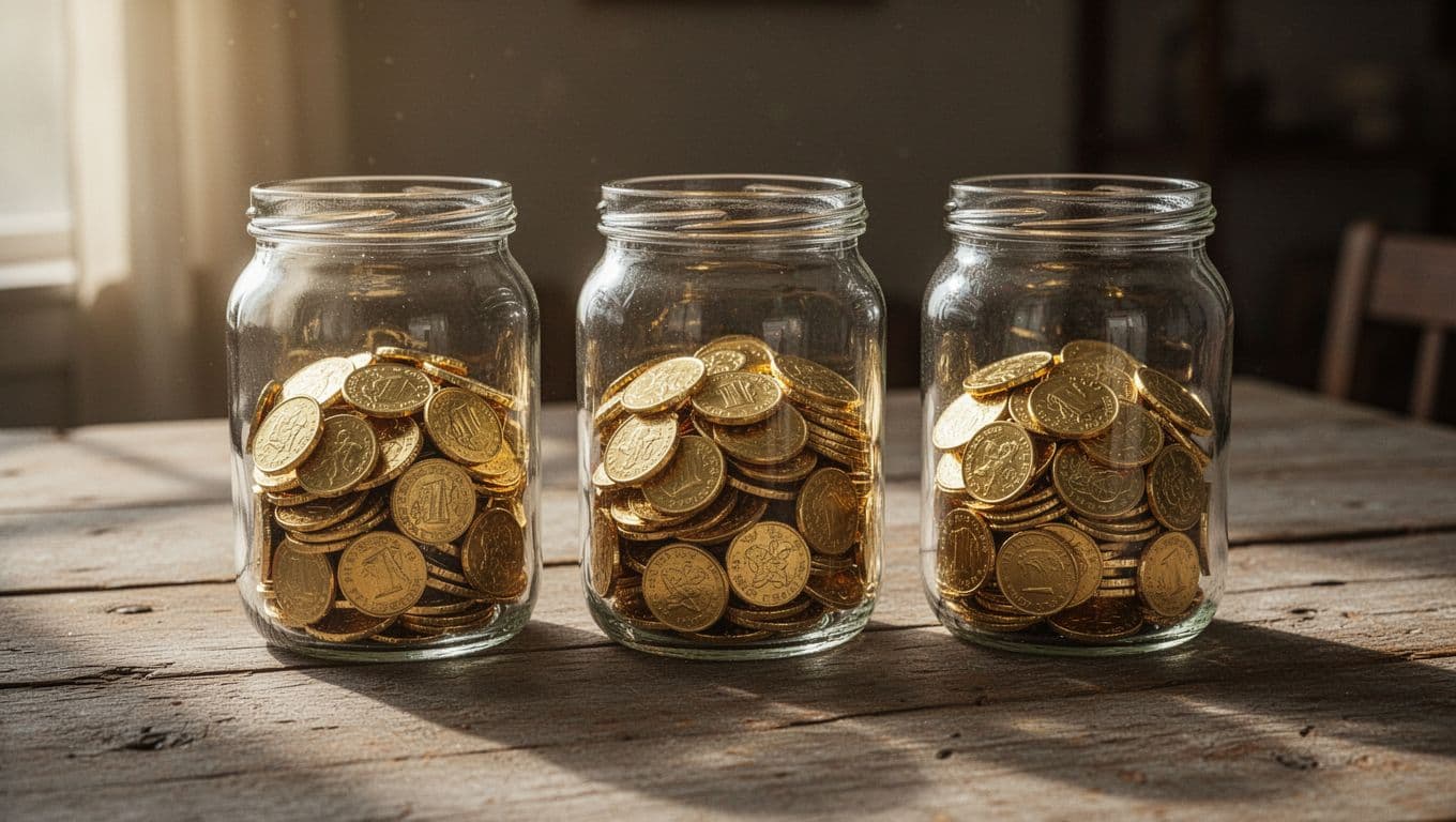 Three clear glass jars sit in a row on a rustic wooden surface, each containing varying amounts of gold coins. Soft natural light highlights the metallic texture and clean glass surfaces.