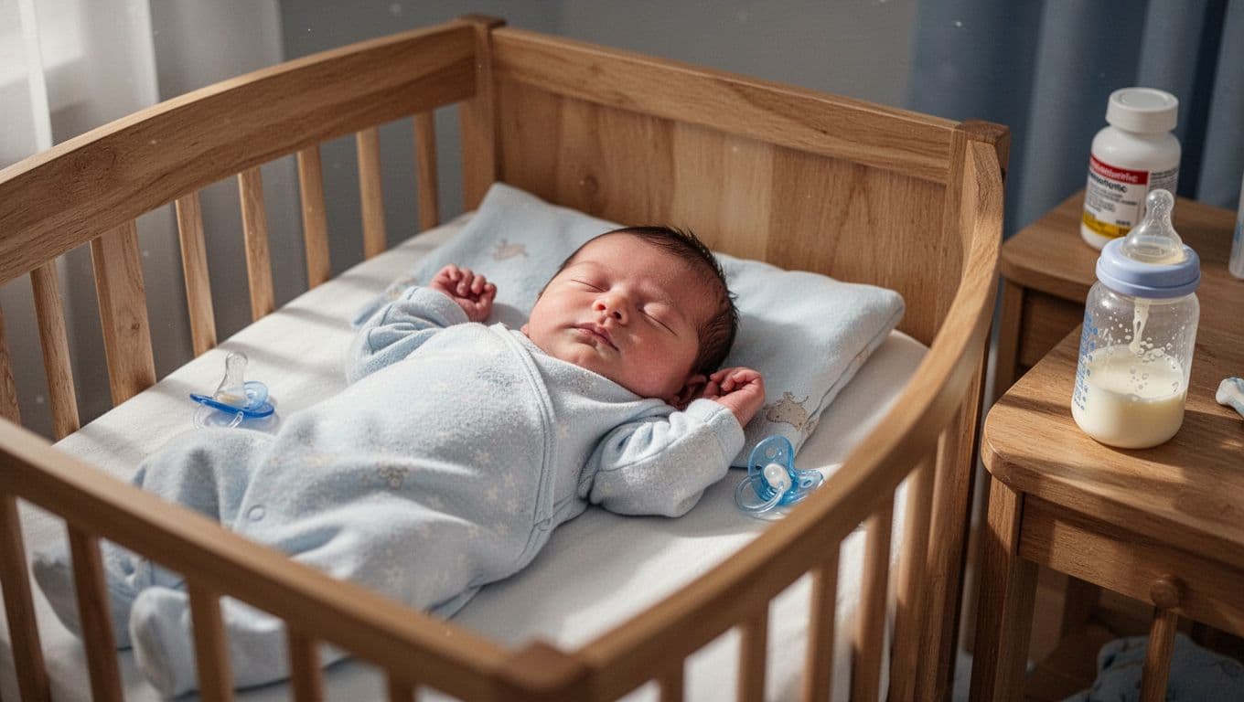 Newborn baby in crib near pacifier, milk-residue bottle on side table, antibiotic bottle in background.