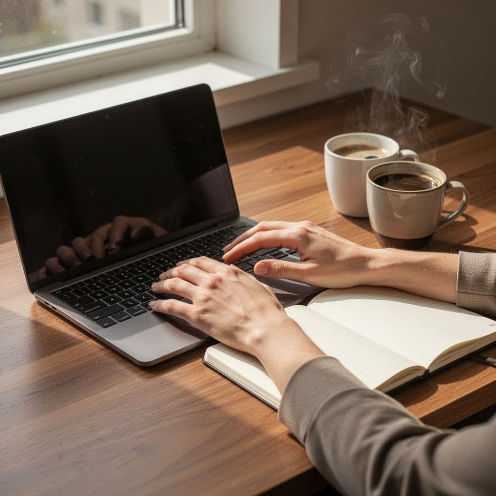 Wooden desk with laptop, notebook, coffee mug, and hands near keyboard in soft natural light.