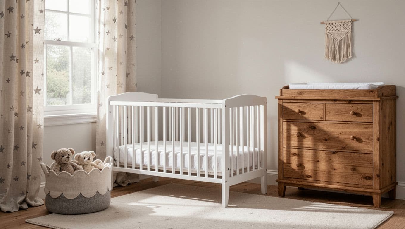 Realistic photo of a timeless baby nursery featuring classic wooden crib and dresser in simple white finish, playful scalloped edge toy basket, subtle star-patterned curtains, wall name sign, glider chair, and soft lighting balancing classic and cute elements with exactly one of each, no people, text, or logos.