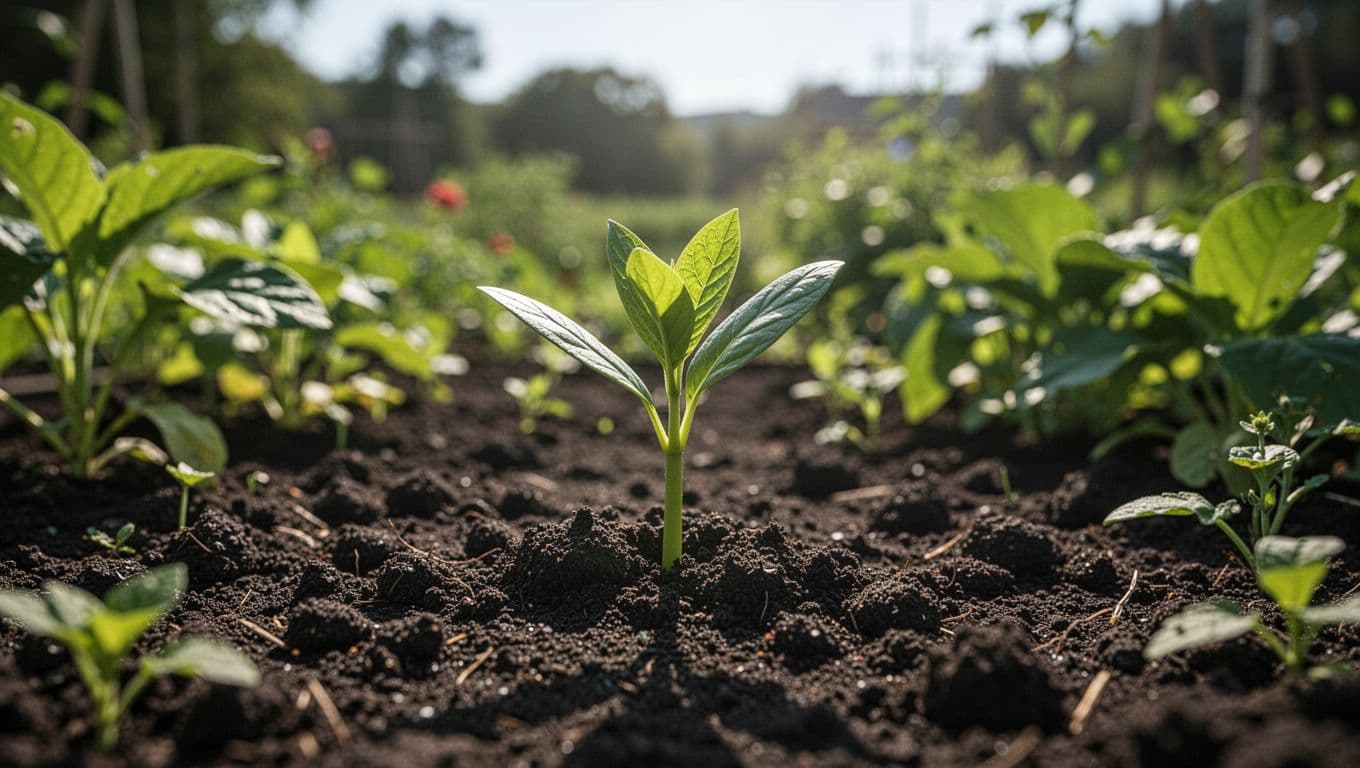 A single small green sprout emerges from dark, textured earth within a sunlit garden. The high-contrast lighting emphasizes the delicate leaves against the rich soil, highlighting a journey of early growth.