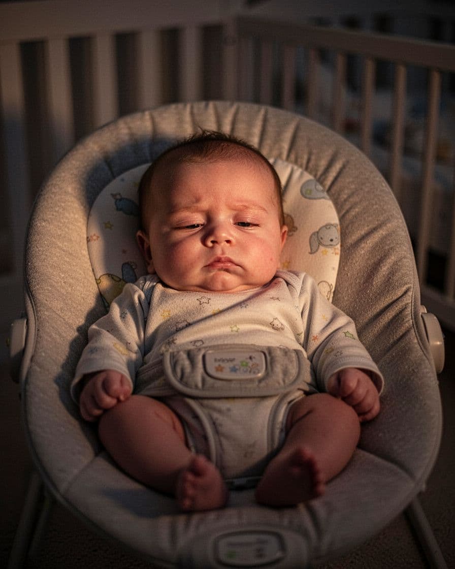 3-month-old infant sits in bouncer chair in dimly lit nursery with blank faraway stare and droopy eyelids.