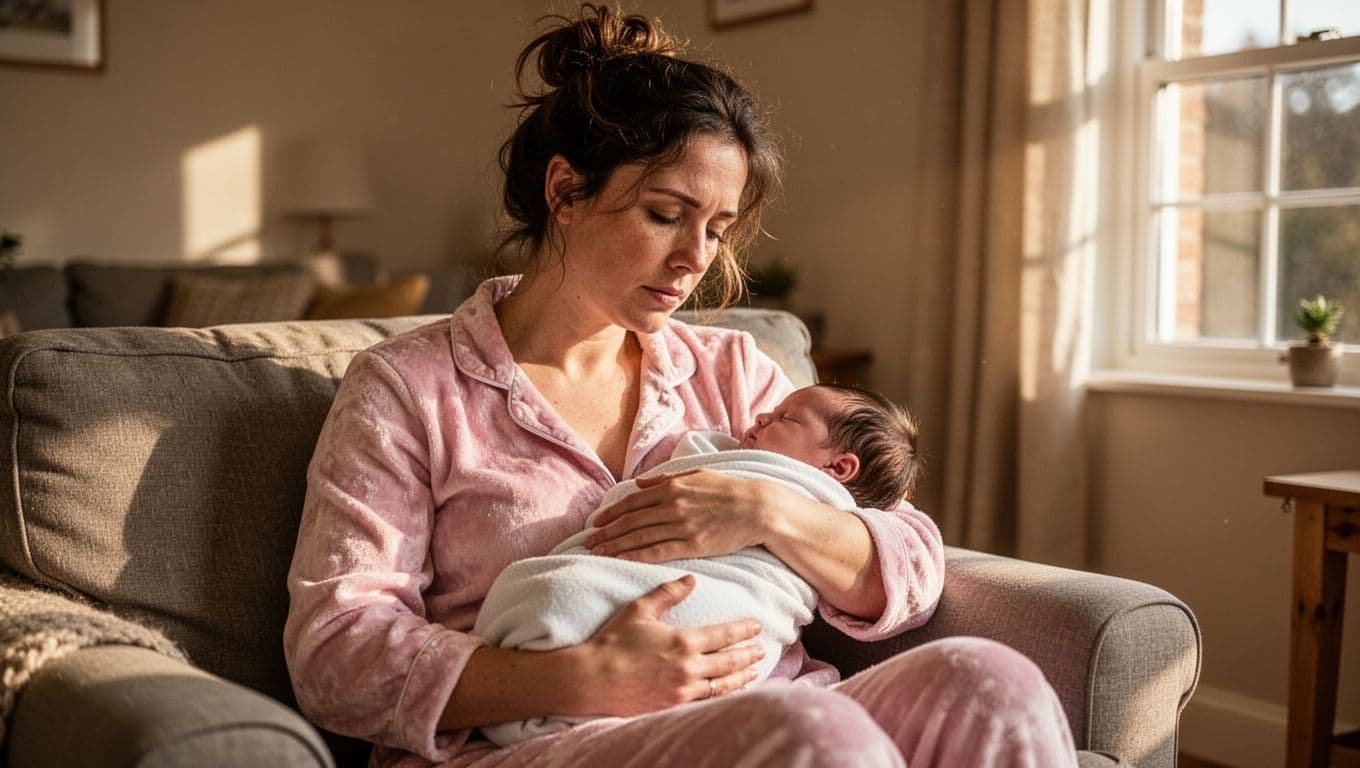 A tired new mother in her early 30s sits in a cozy living room during daytime, breastfeeding her newborn discreetly while dozing off with dark circles under her eyes and messy hair.