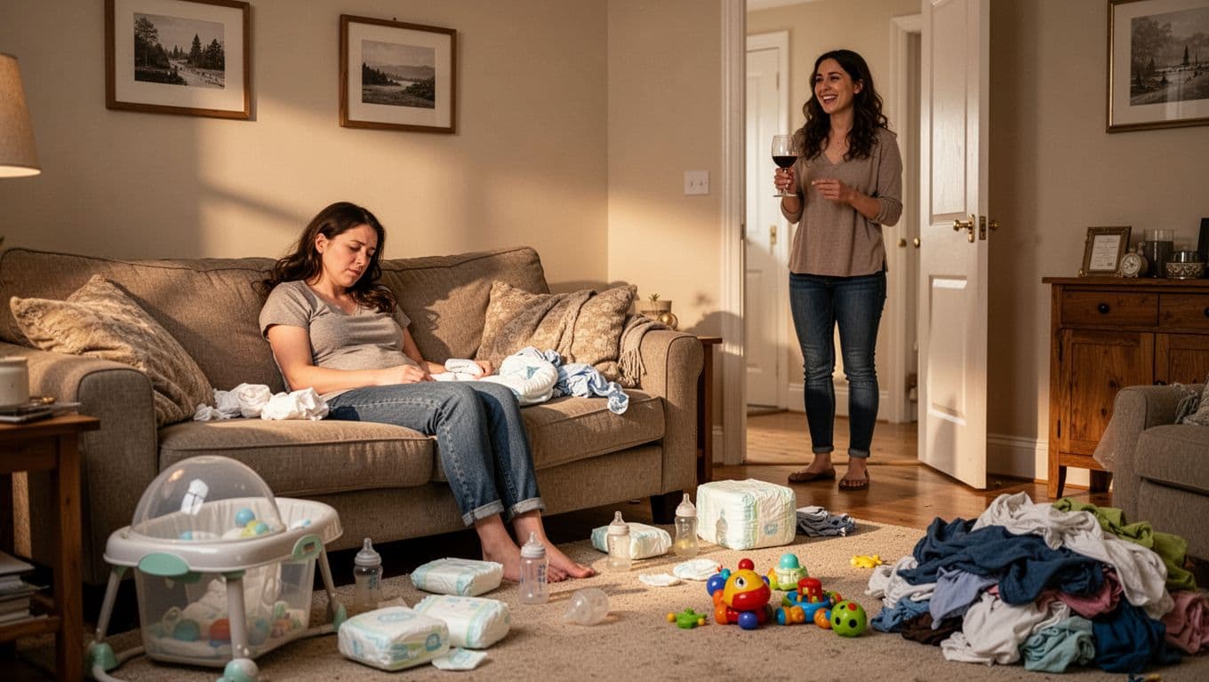 Tired new mom stands amid baby gear, diapers, toys, and laundry piles as smiling friend arrives at door holding wine bottle.