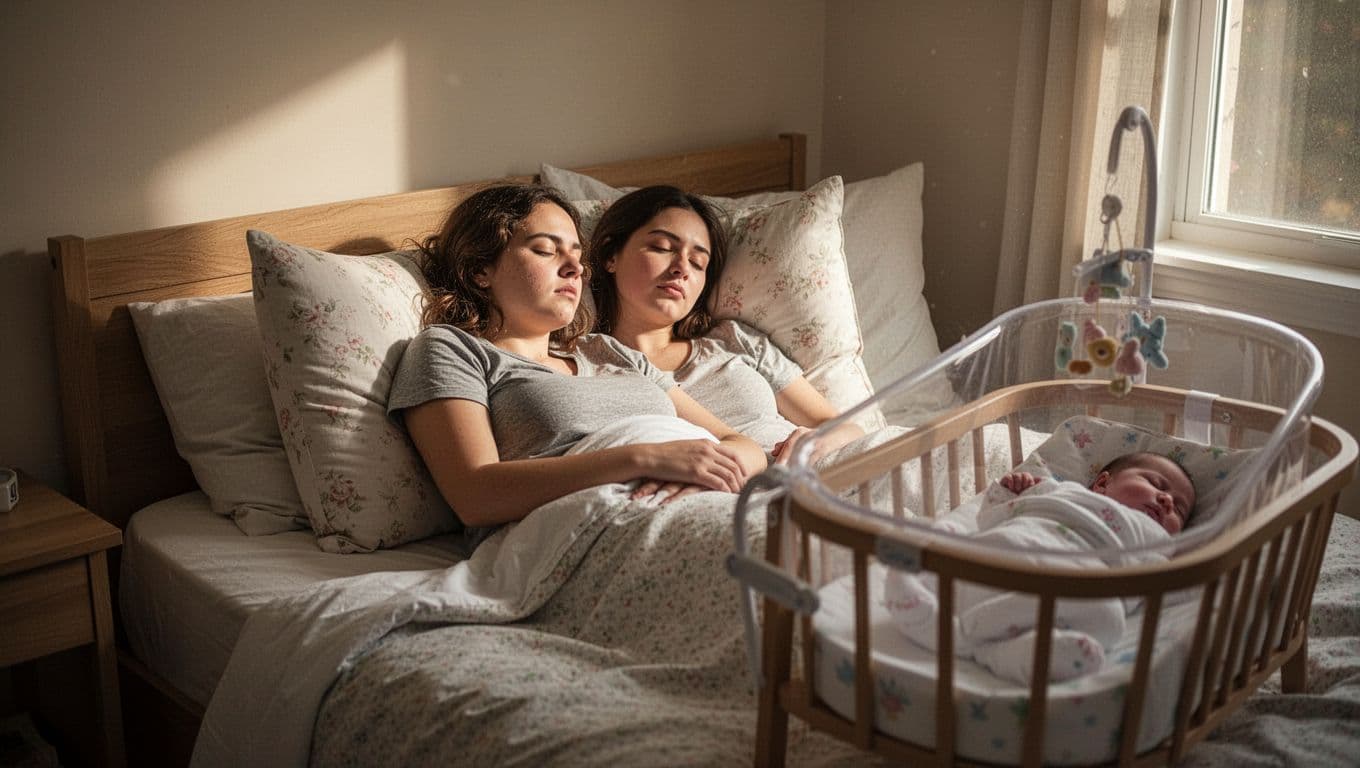 Tired young mother lies on bed with pillows, newborn sleeps in nearby bassinet, soft window light.