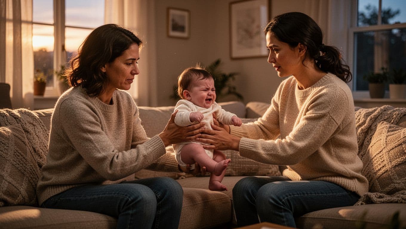 Tired parent hands fussy baby to supportive partner in cozy living room; relieved parent sits on couch nearby.
