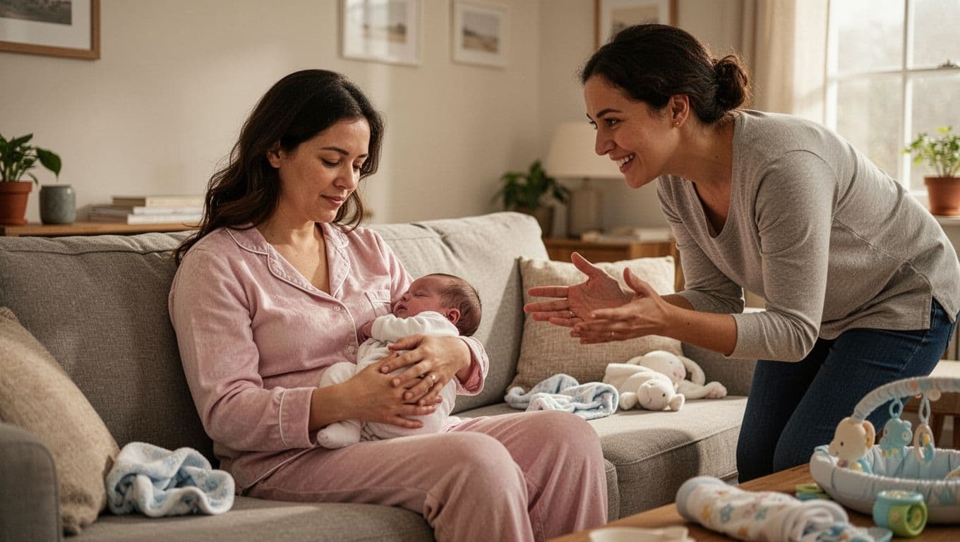 Tired mom in pajamas holds newborn on couch as nosy relative leans forward smiling and gesturing.
