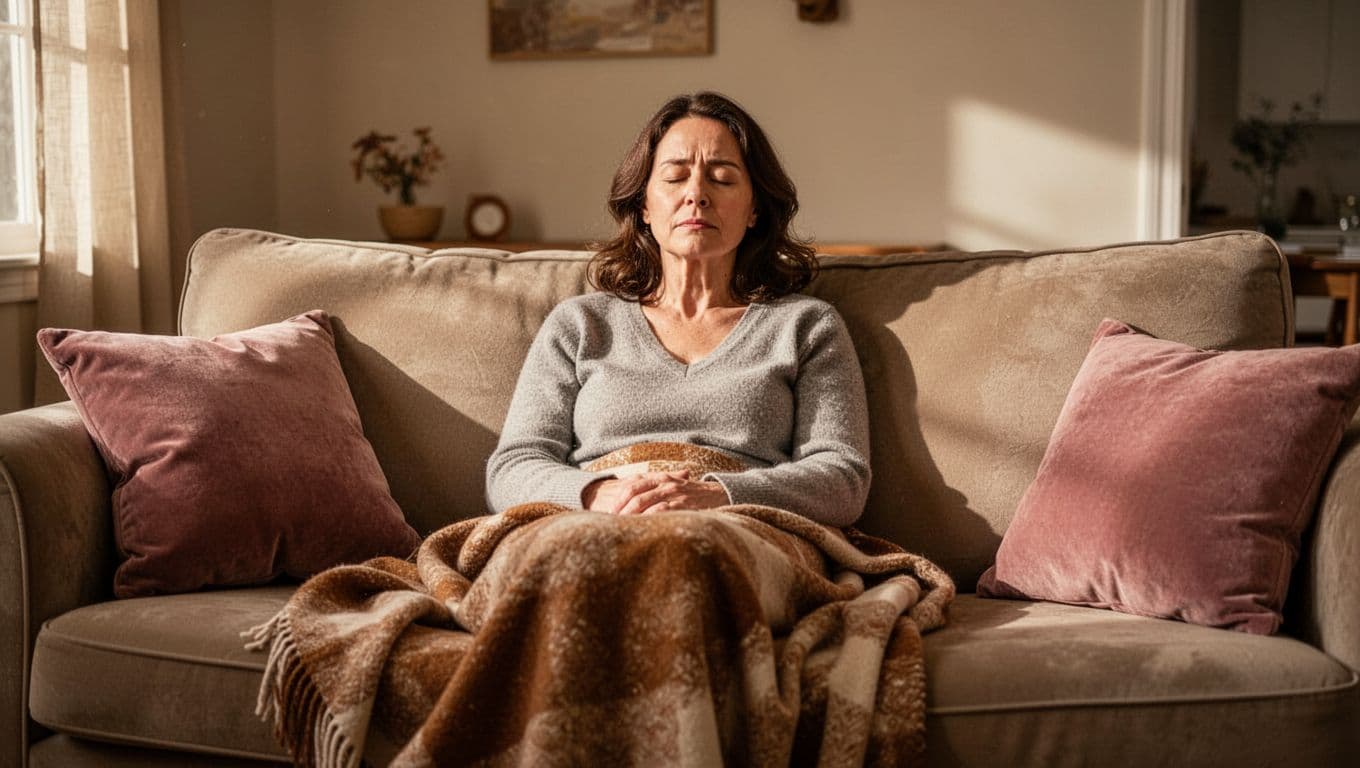 Mid-30s mother rests exhausted on living room couch, blanket on lap, eyes closed, soft daytime light.