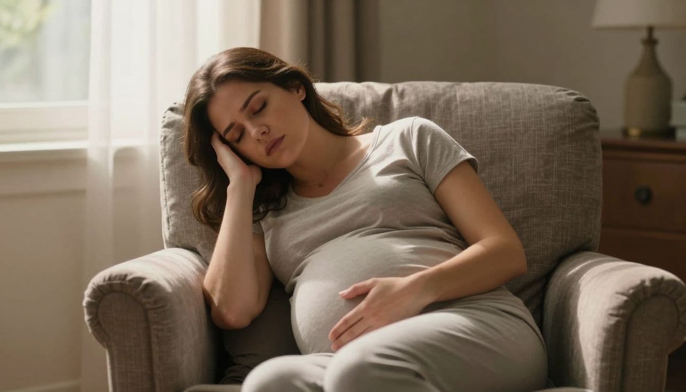 A weary woman sits curled up in a plush beige armchair within a sun-drenched living room. She wears comfortable loungewear while resting her head back, eyes closed in deep exhaustion.