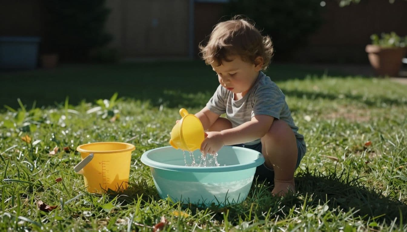A toddler sits on the green lawn surrounded by blue plastic measuring cups, a yellow funnel, and a shallow tub of water. Sunlight illuminates the scene, highlighting colorful household play items.