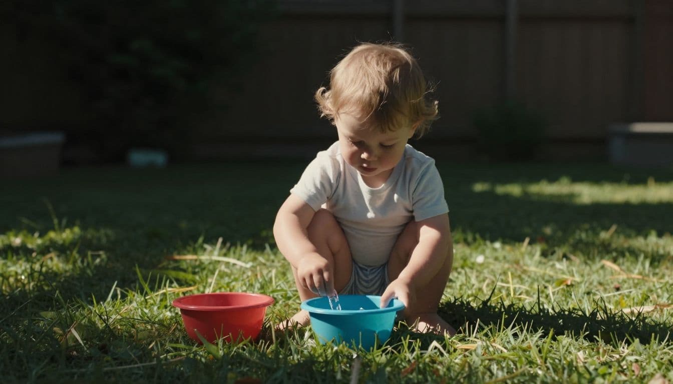 A cheerful toddler sits on the green lawn, splashing in several colorful plastic bowls filled with water. Bright sunbeams highlight the splashing droplets against the soft-focus garden background in this backyard.