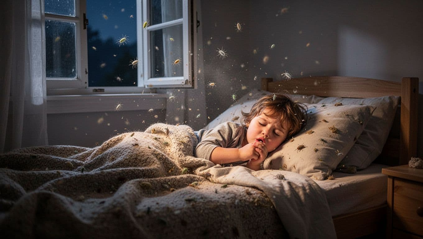 Sleeping toddler coughs slightly in cozy nighttime bedroom with floating particles on bedding and pollen on window.