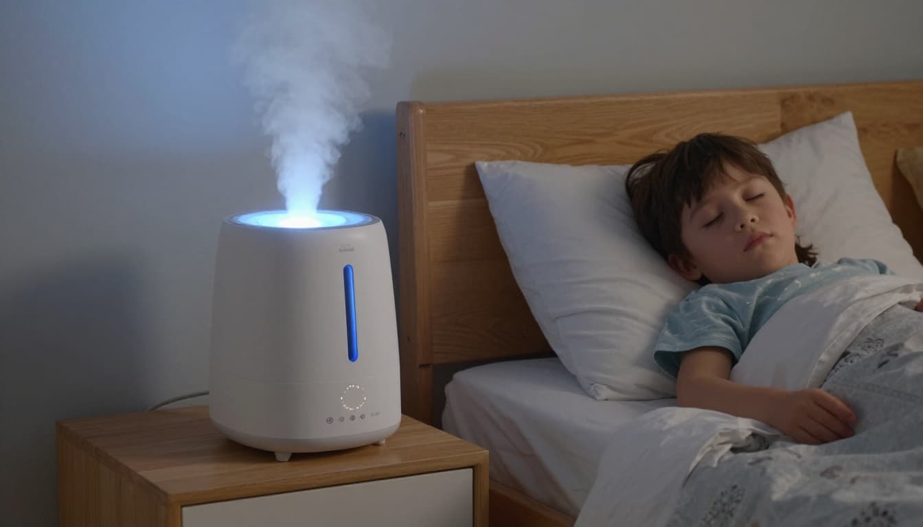 Clean cozy toddler bedroom at night shows running cool-mist humidifier on nightstand with soft mist and sleeping child in bed.