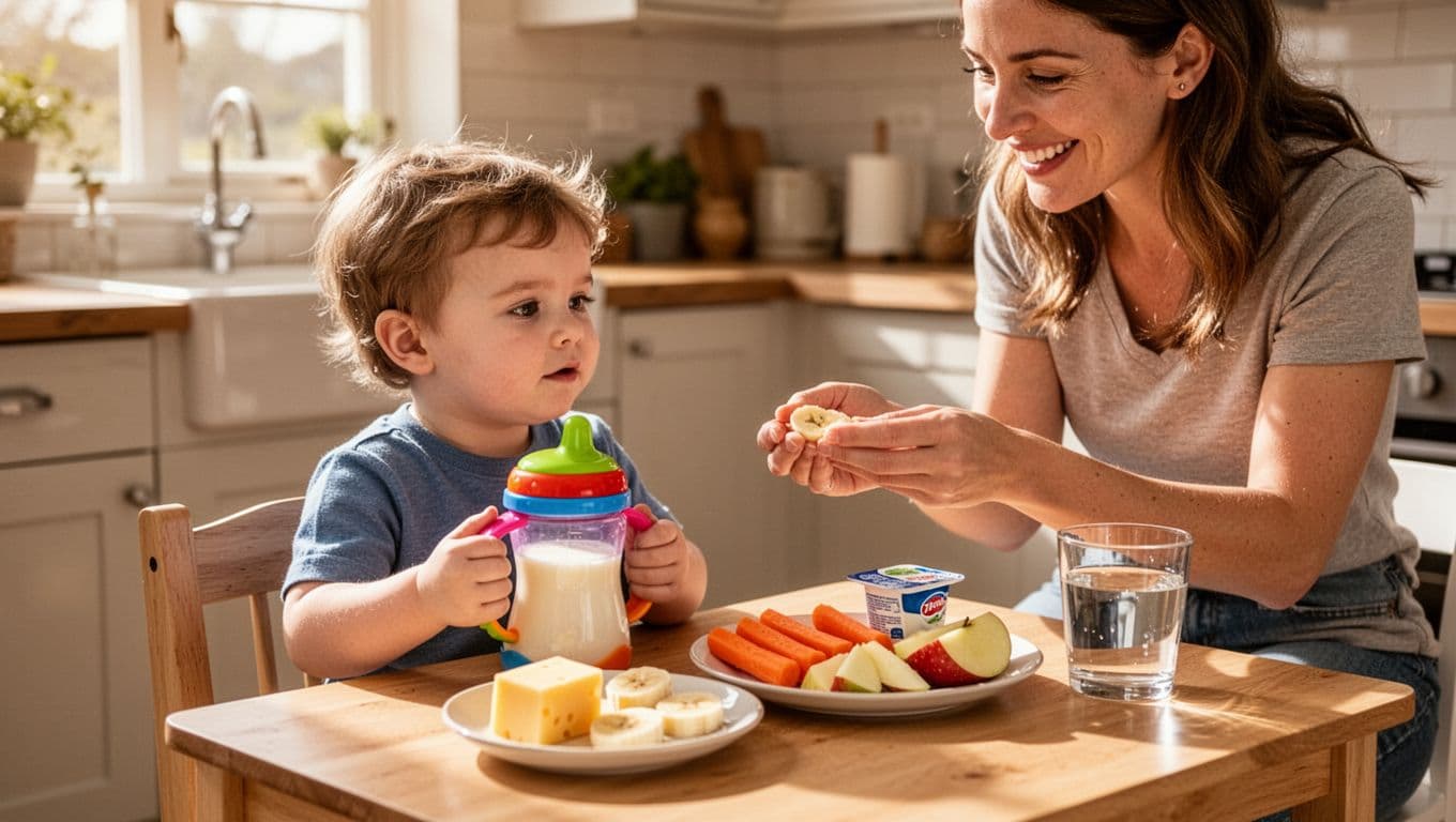 18-month-old boy sits at wooden kitchen table holding sippy cup of milk, plate of cheese cubes, banana slices, carrots, apples, yogurt and water nearby, mother offers snack.