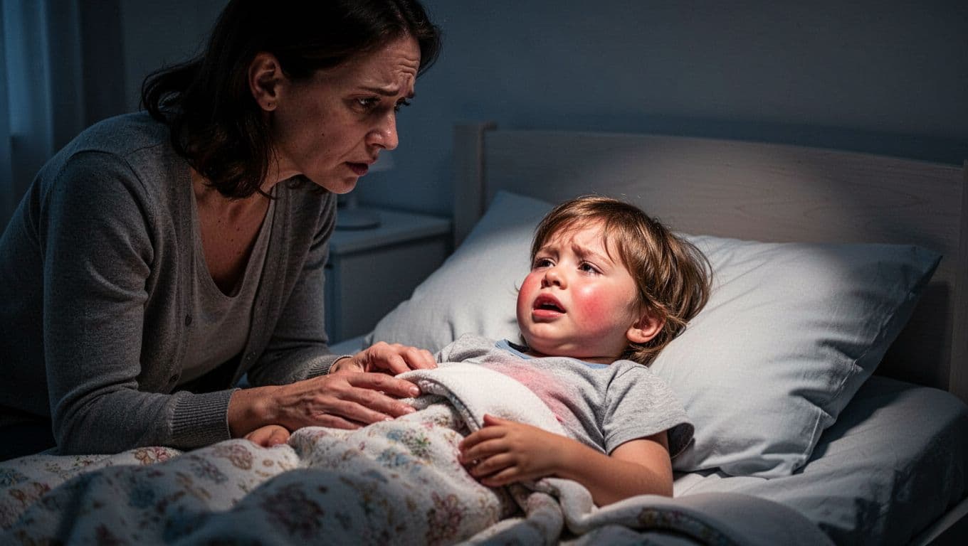 Toddler in dim night-lit bed shows rapid breaths, chest retractions, feverish cheeks; concerned parent nearby.