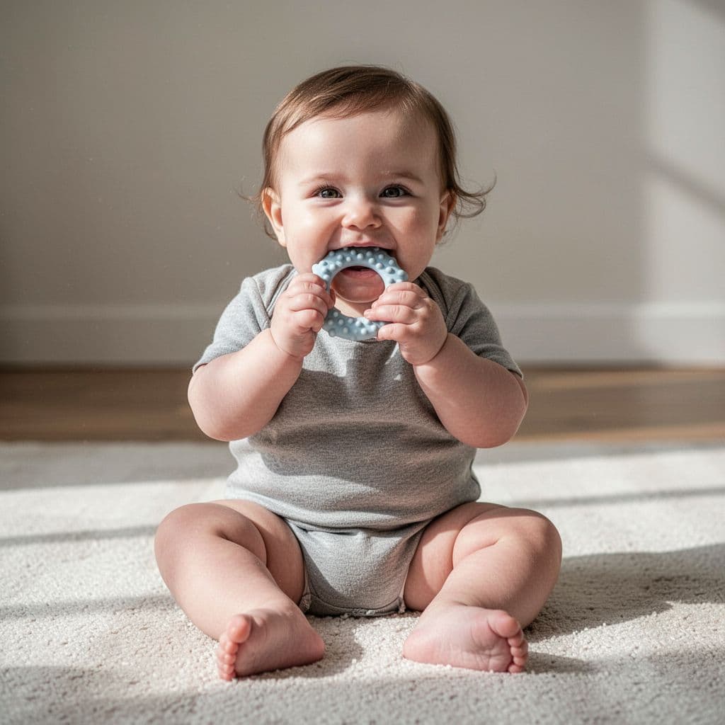 Toddler sits on rug chewing textured silicone teething toy.