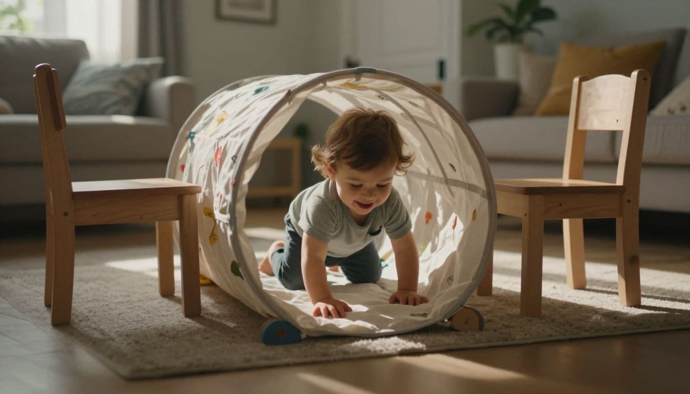 A cheerful toddler navigates a soft tunnel constructed from living room chairs and thick blankets. Bright sunlight pours across the floor, highlighting the child's joyful expression during indoor active play.