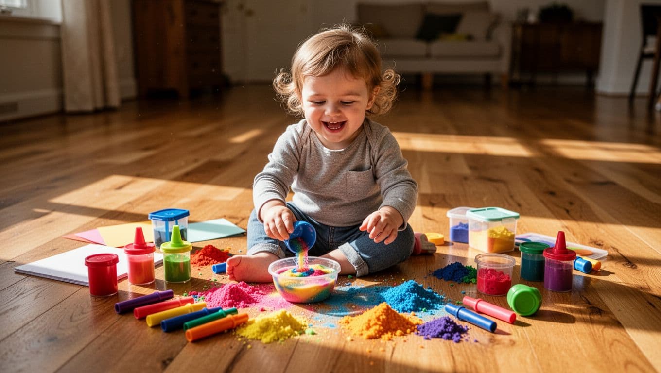 A toddler sits on polished floorboards surrounded by vibrant finger paints, clay, and scattered drawing tools. Golden sunlight streams into the room, highlighting the textures of various sensory art materials.