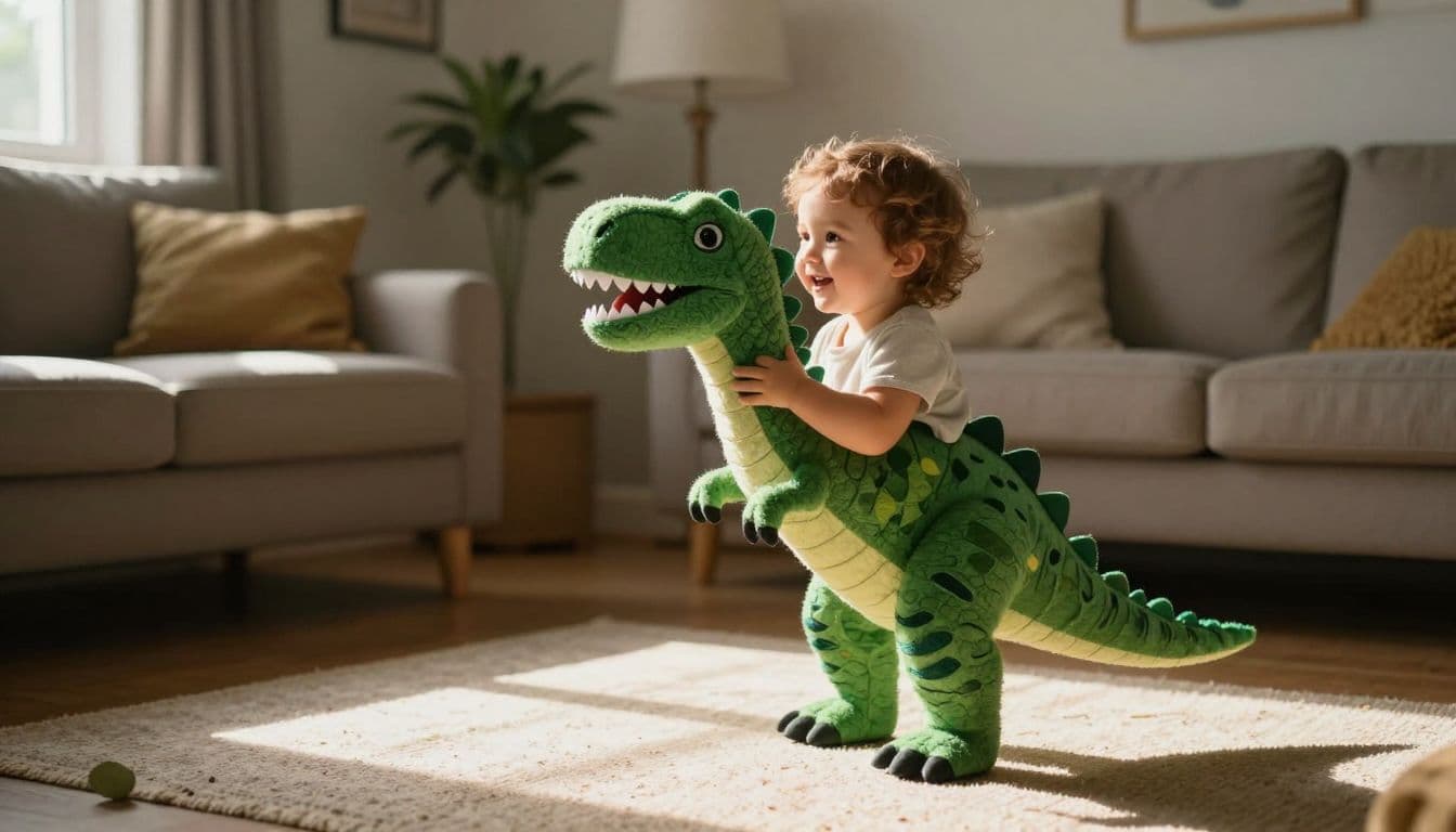 A toddler wearing green felt dinosaur scales stands in a sunny living room with arms raised, mimicking a T-Rex. Warm light streams through the window, highlighting the playful and imaginative expression.