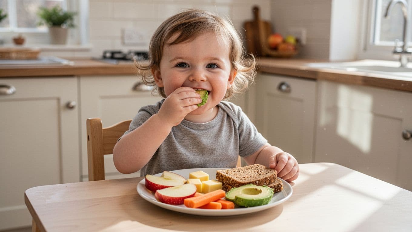 2-year-old toddler at kitchen table eats snack plate with apple slices, cheese cubes, carrot sticks, toast, and avocado.