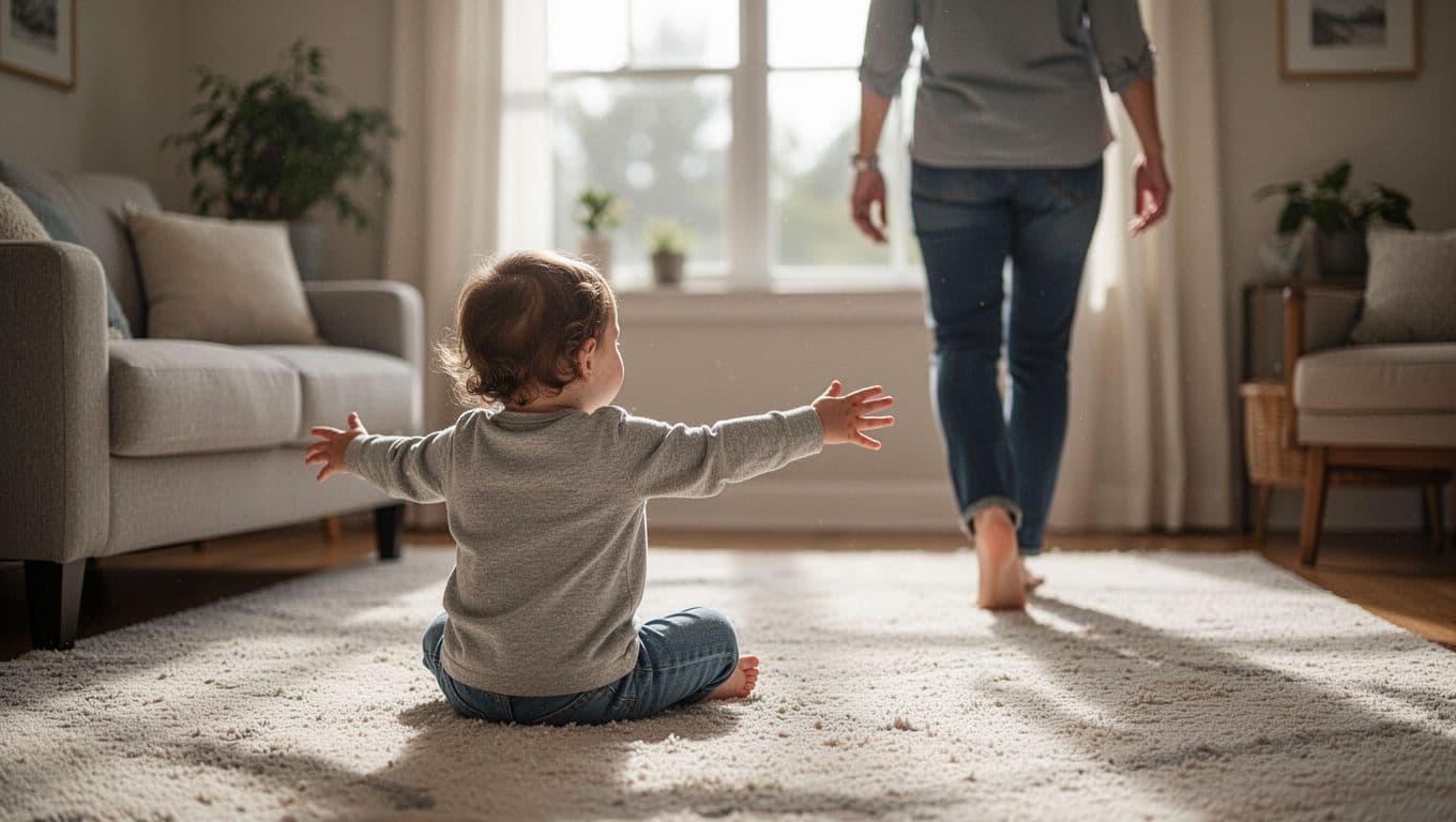A young toddler sits on a plush living room rug, stretching both arms forward as their parent walks toward the doorway. Soft natural daylight illuminates the quiet, cozy domestic scene.