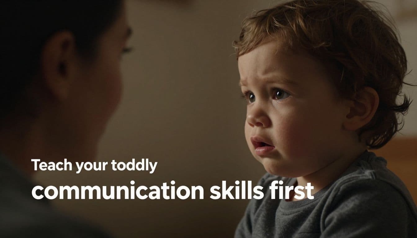 A toddler gazes upward with an expressive face while interacting with their parent in a warm, softly lit room. The cinematic depth captures their meaningful bond and the focus on emotional connection.