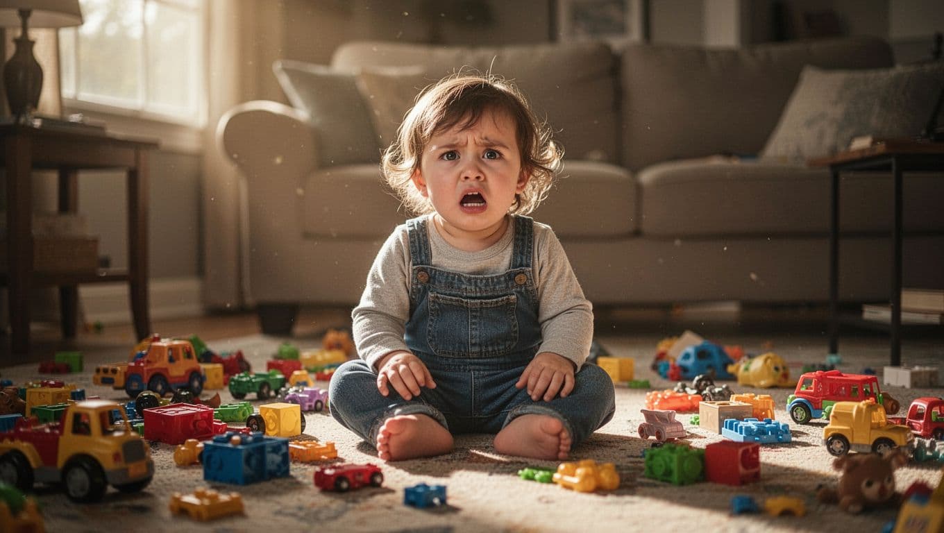 A young toddler sits on a living room carpet surrounded by a chaotic pile of colorful plastic building blocks. The child appears visibly distressed while soft sunlight illuminates the cluttered room.