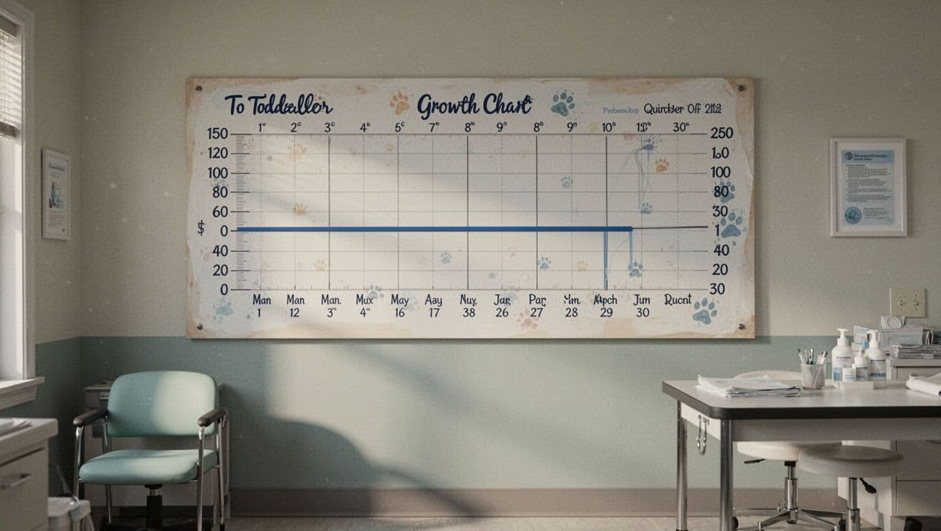 Wall-mounted growth chart in doctor's office shows flat height line over months.