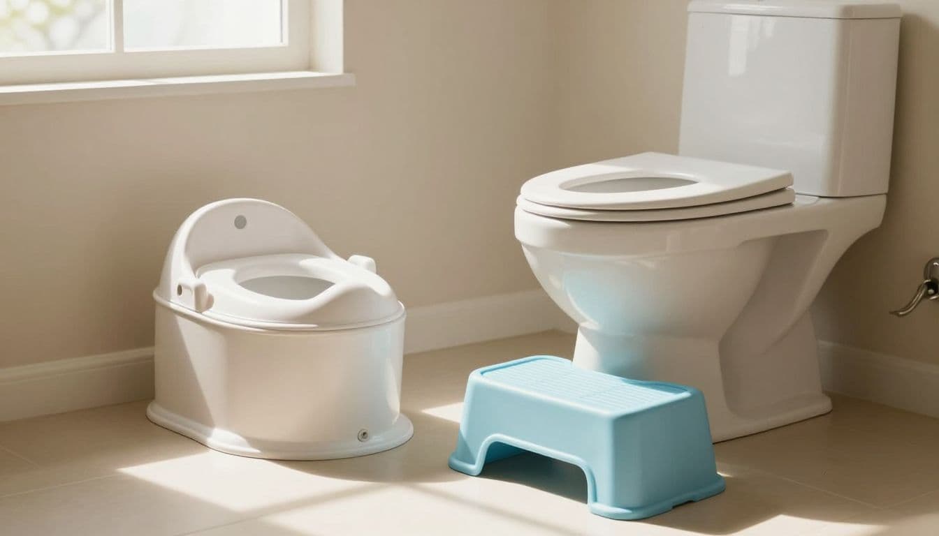 A white child-sized potty chair sits on the tiled floor beside a standard toilet featuring a seat insert and a light blue stepstool, all illuminated by soft, warm sunlight from a window.