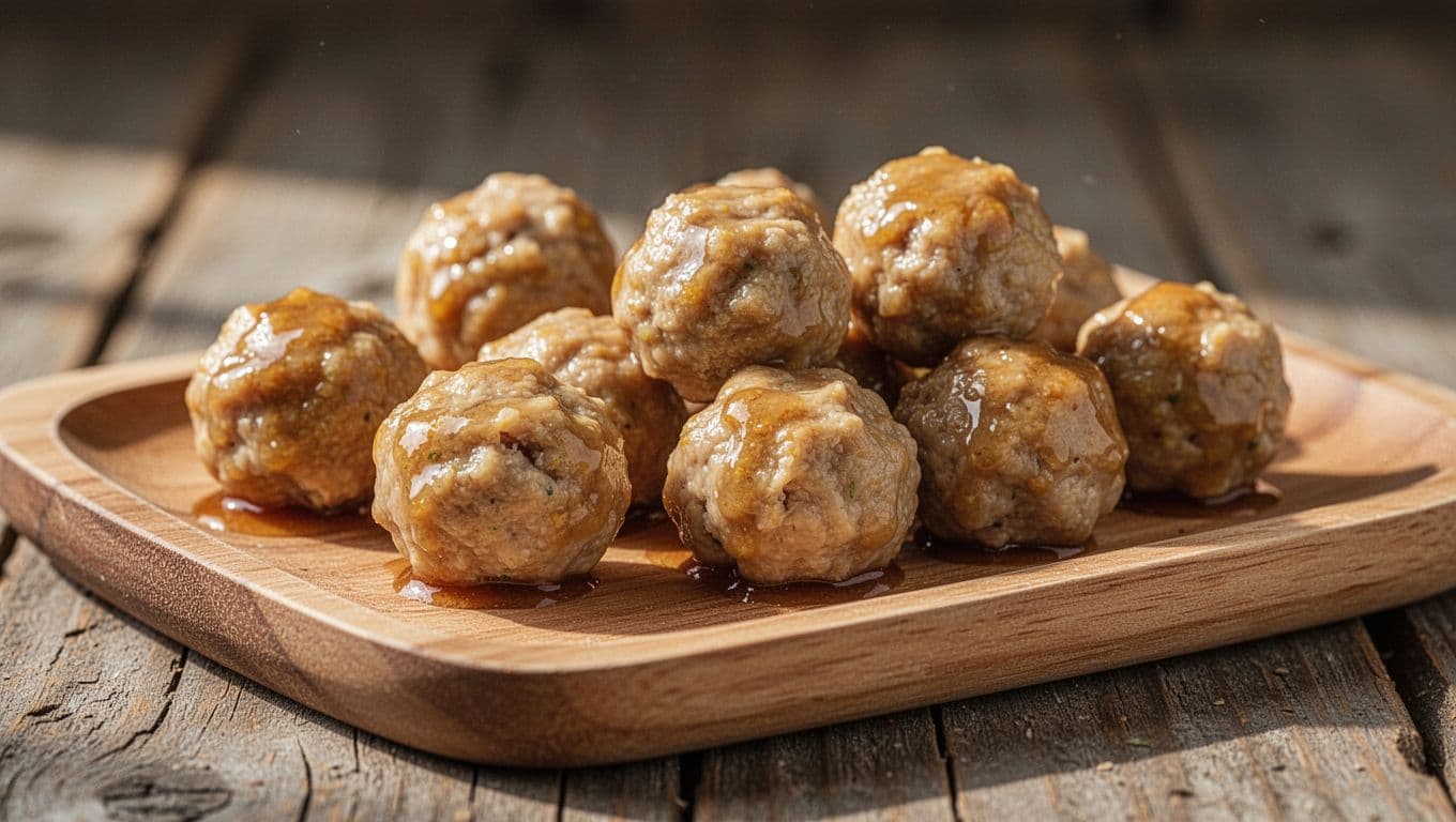 Several small, golden-brown chicken meatballs sit neatly on a minimalist wooden tray. The side lighting accentuates their textured surface against a soft, rustic background, emphasizing a healthy, toddler-focused protein snack.