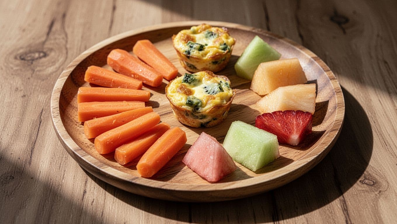 A rustic wooden plate displays a colorful assortment of nutritious snacks including soft carrot batons, fluffy mini egg muffins, and diced seasonal fruit pieces under dramatic, high-contrast studio lighting.