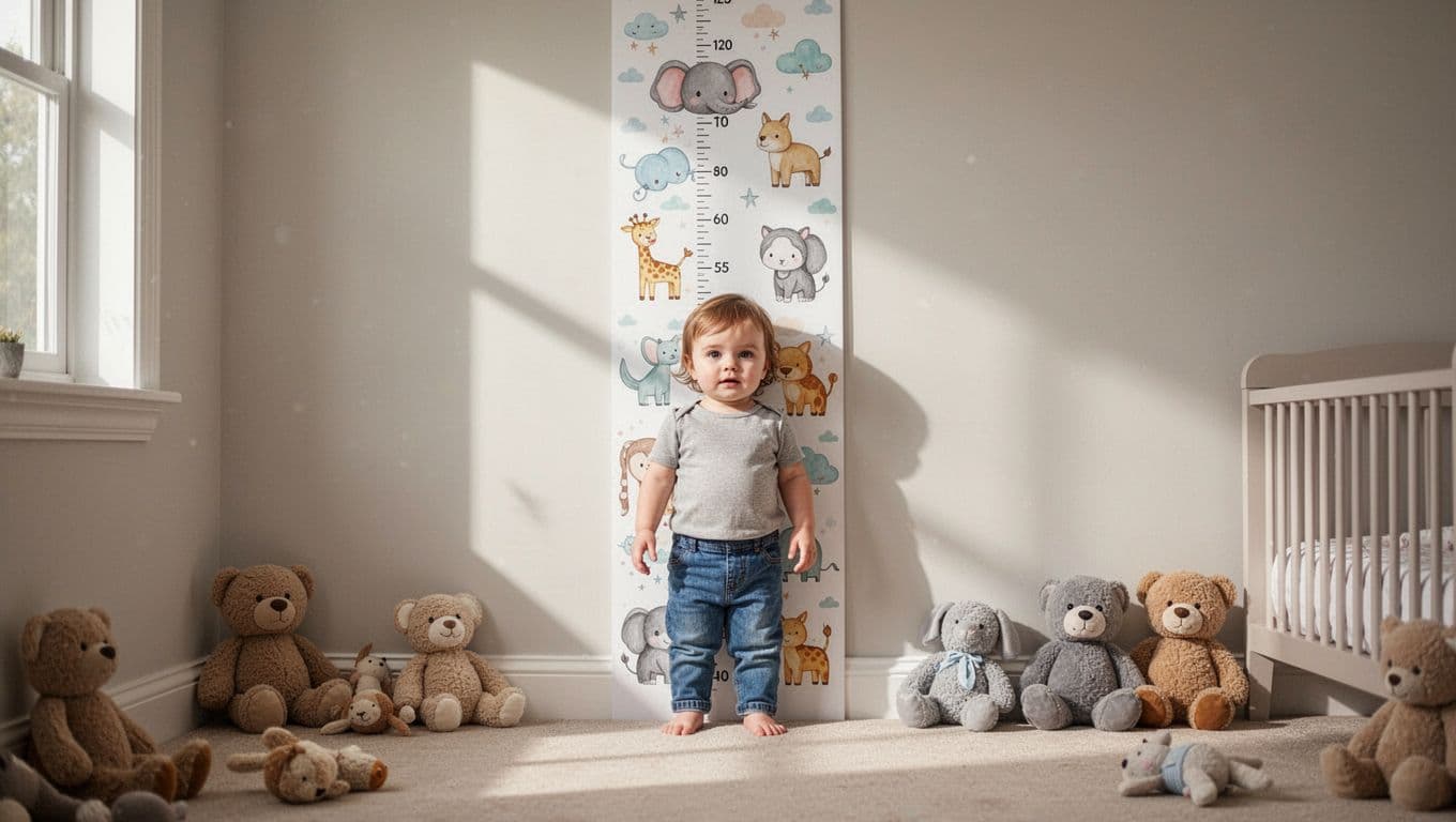 18-month-old toddler stands straight against animal-themed height chart on nursery wall with toys on floor and soft window light.