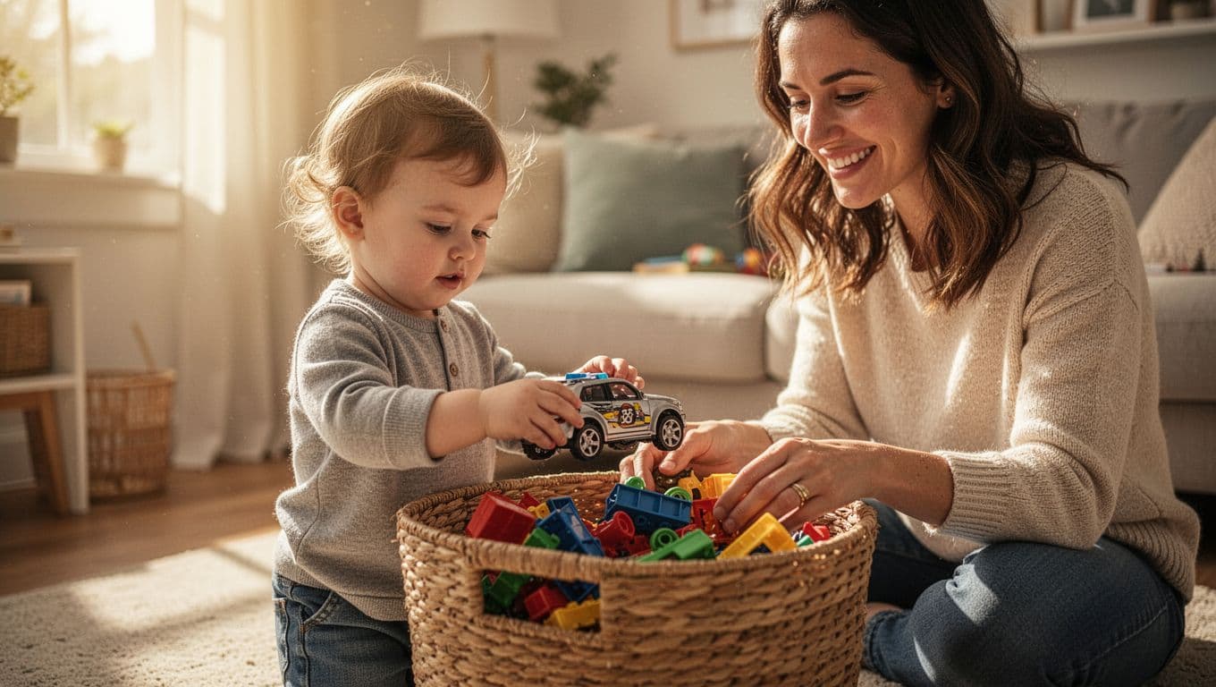 A three-year-old child holds a small toy car while assisting a smiling parent place items into a woven storage basket. Soft sunlight streams through a window, illuminating the cozy room.