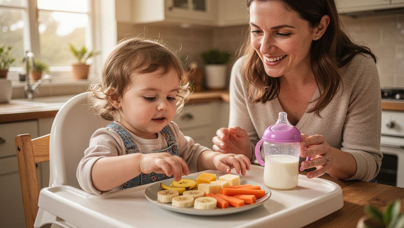 Toddler girl in high chair reaches for plate of banana slices, cheese cubes, and carrot sticks with smiling mother nearby.