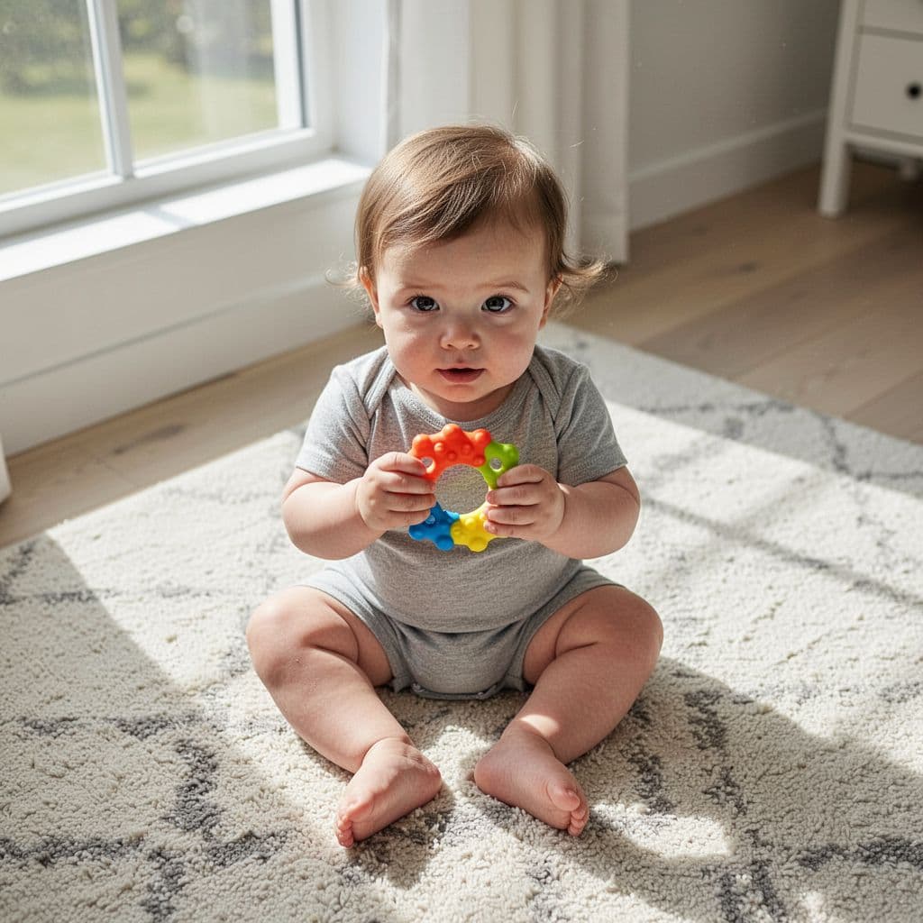 Toddler sits on rug holding rubber teething toy.