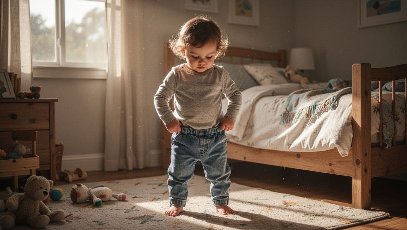 A focused toddler stands in a warm, sunlit bedroom while carefully pulling up their own trousers. Dramatic light highlights the child's determined expression as they master this daily self-care morning routine.
