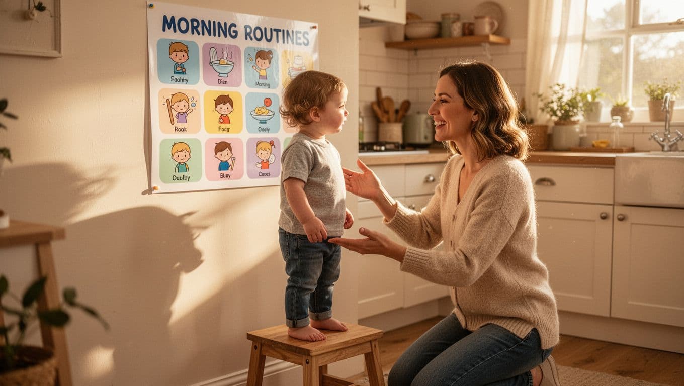Toddler stands on stool in sunny kitchen viewing colorful wall chart of morning routine icons as smiling mother kneels and points.