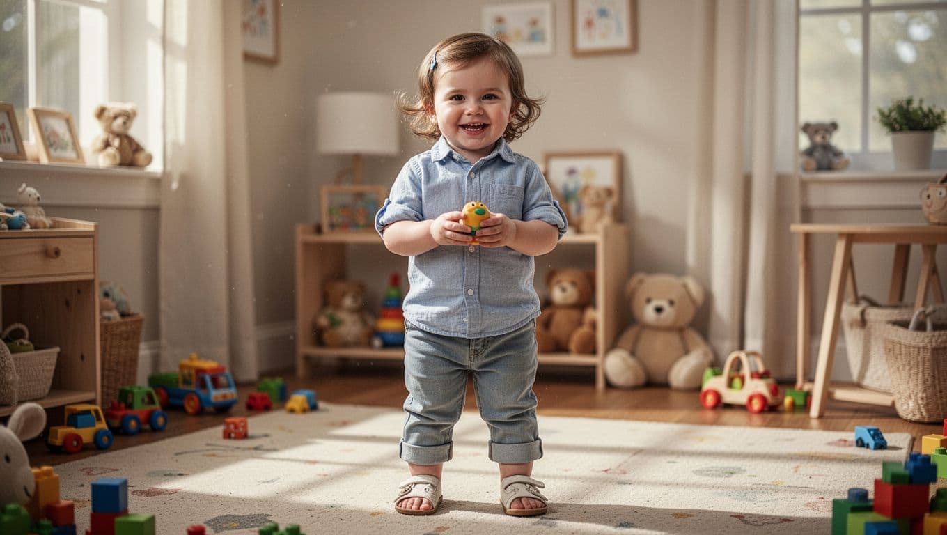 18-month-old girl stands in playroom with rolled-up short sleeves, pants above ankles, tight shoes, holding toy.