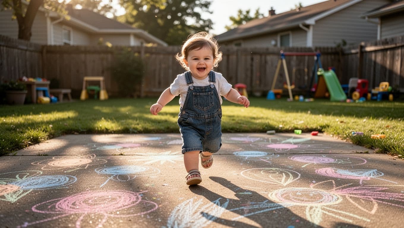 A young toddler runs across a paved backyard surface covered in vibrant hand-drawn chalk art. Bright sunlight highlights the child's movement against a soft-focus background of green grass and foliage.