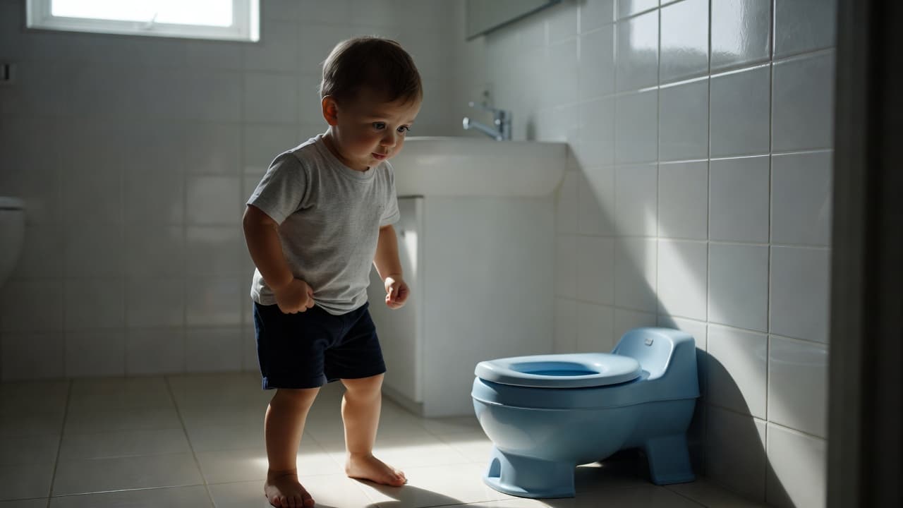 A small child stands in a brightly lit bathroom with a nervous expression, looking down at a nearby child-sized potty. Strong light creates dramatic shadows across the tiled floor and walls.