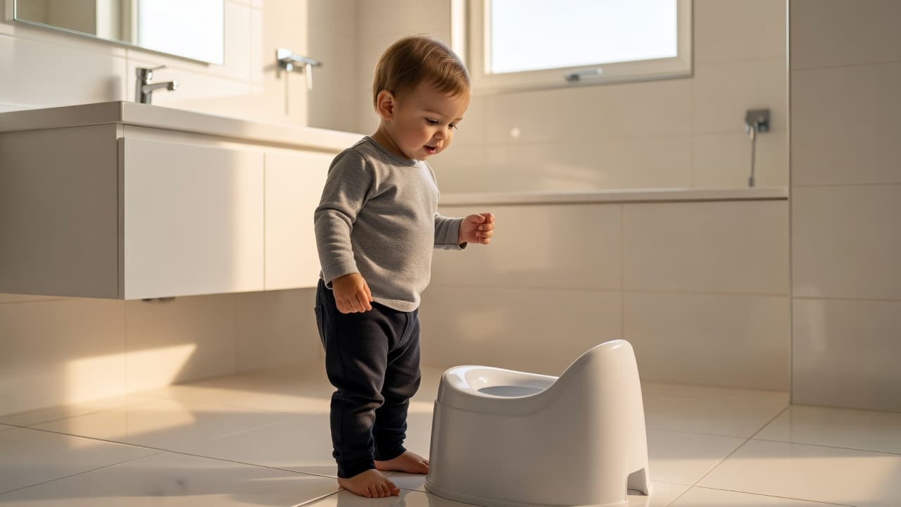 A curious toddler wearing casual clothes stands in a sunlit bathroom, carefully examining a small plastic potty chair placed on the tile floor. Soft morning light creates a calm atmosphere.