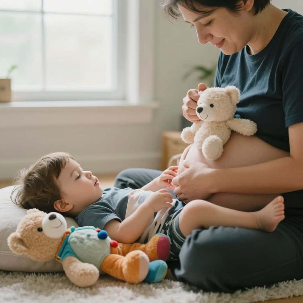 A toddler lies on a rug with a stuffed bear while a parent watches intently.