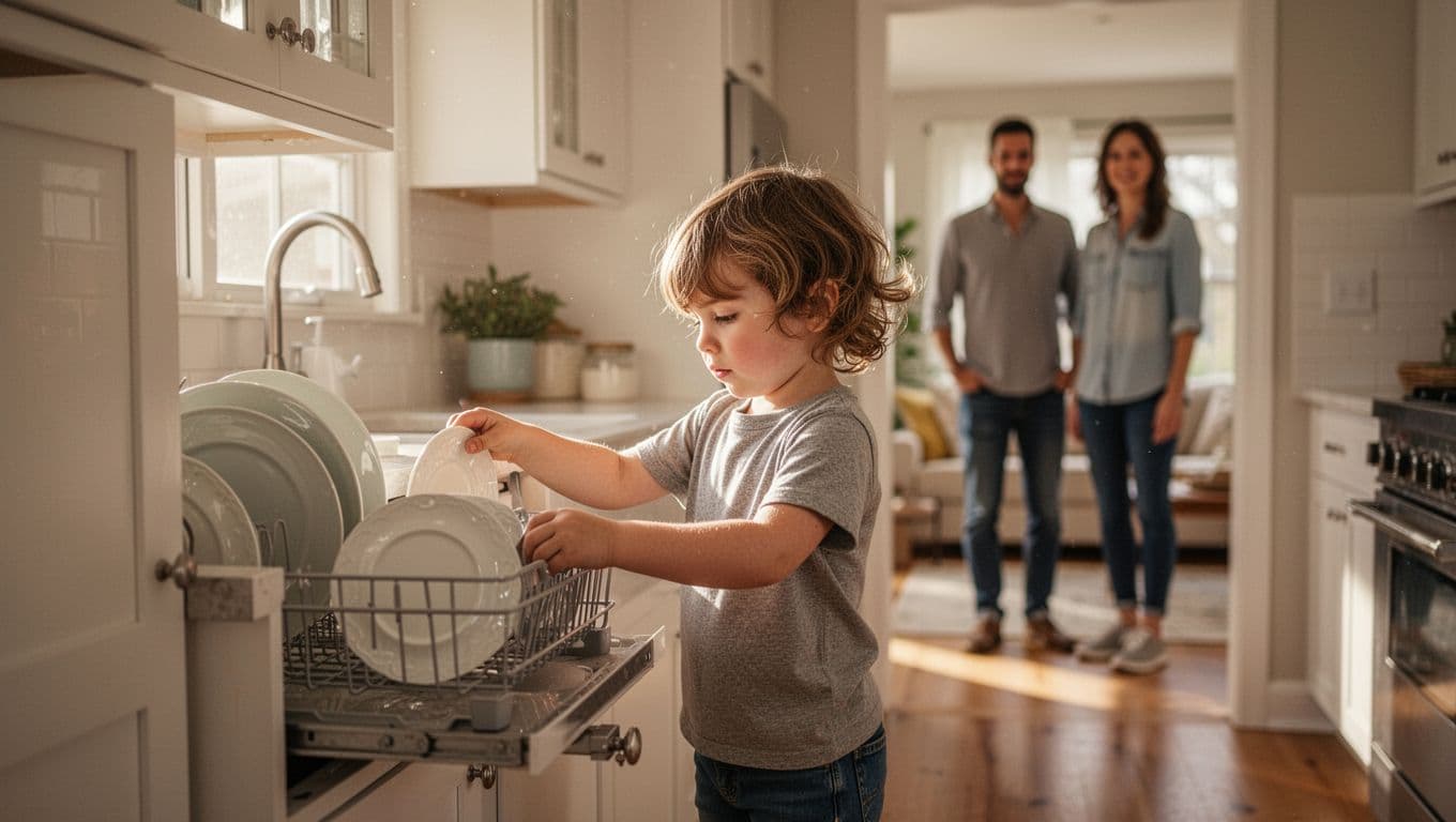 4-year-old child puts away dishes from drying rack in sunny kitchen, blurred parents watching from doorway.