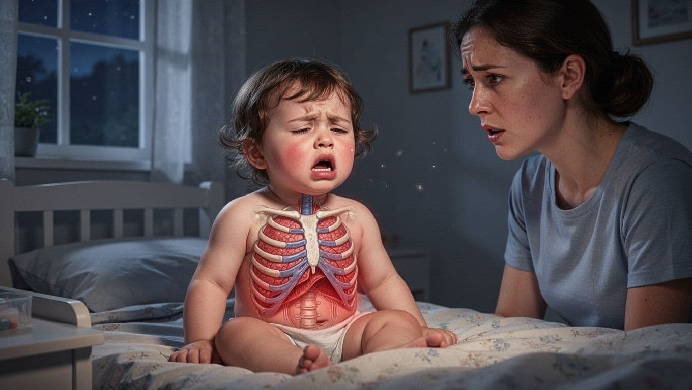 Toddler sits up in bed at night with fast breathing, rib retraction, exhausted expression, concerned parent nearby.